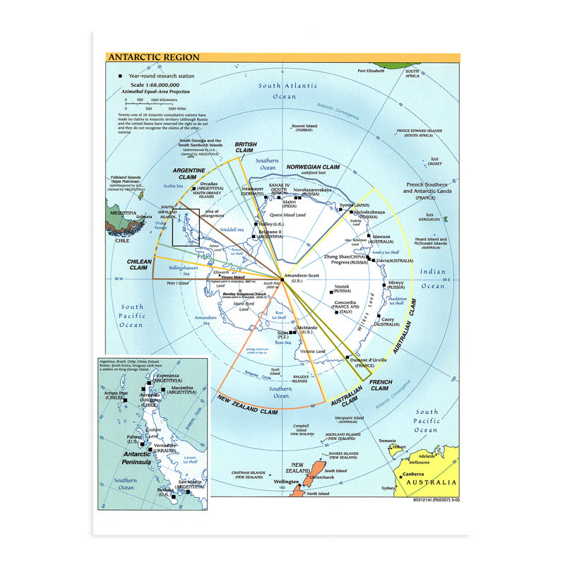 Affiche de carte de la région de l'Antarctique de 2005, art mural sur papier, H 24 po x l 18 po x P 0,1 po