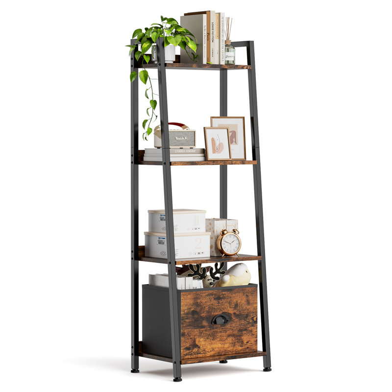 Ladder Shelf, Upgraded Elevated Wood Ladder Bookshelf with Drawer, Ladder Shelf Bookcase, Tall Bookshelf with Steel Frame, Rustic Storage Rack for Living Room, Home Office, Bedroom