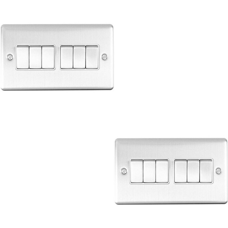 2 PACK 6 Gang Metal Multi Light Switch SATIN STEEL 2 Way 10A White Trim, Satin, Silver/White