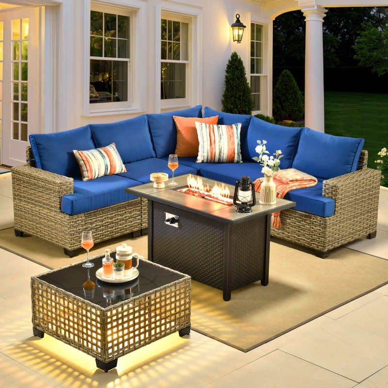 Ensemble de canapé d'extérieur 7 pièces avec poêle, Bleu marine