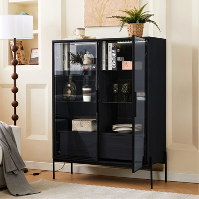 Armoire noire avec tiroirs éclairés à DEL - Élégante pour le salon, le bureau, le bureau et la vitrine en verre trempé de 51,2 po de hauteur