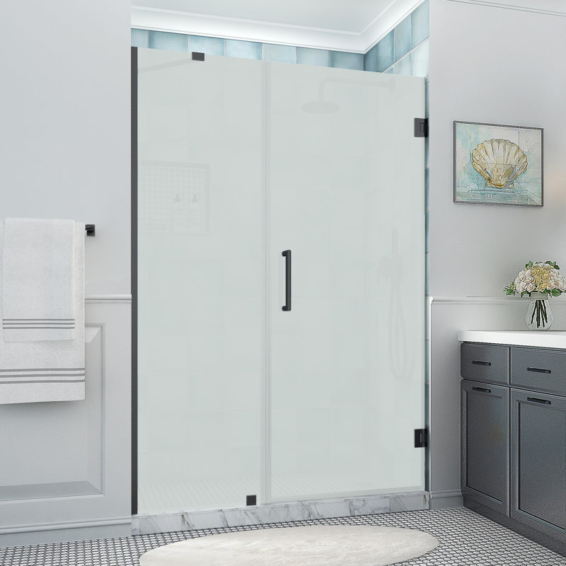 Belmore XL 57.25" W x 80" H Hinged Frameless Shower Door with StarCast Clear Glass, Matte Black, Clear Glass