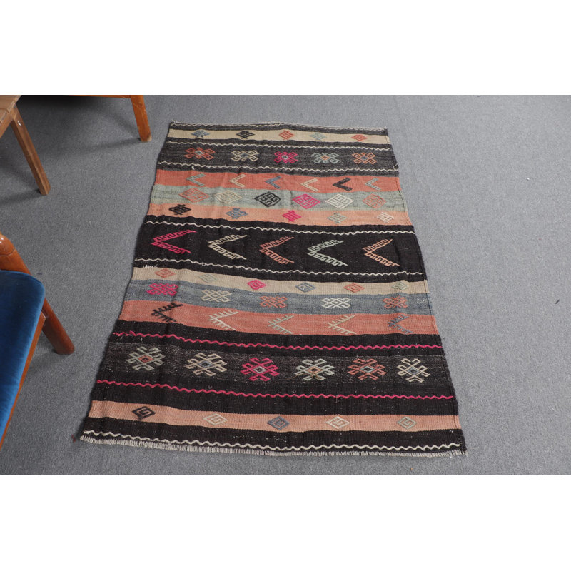 Tapis rétro kilim turc rétro avec motif brun neutre - pièce de décoration antique pour chambre Anatolian