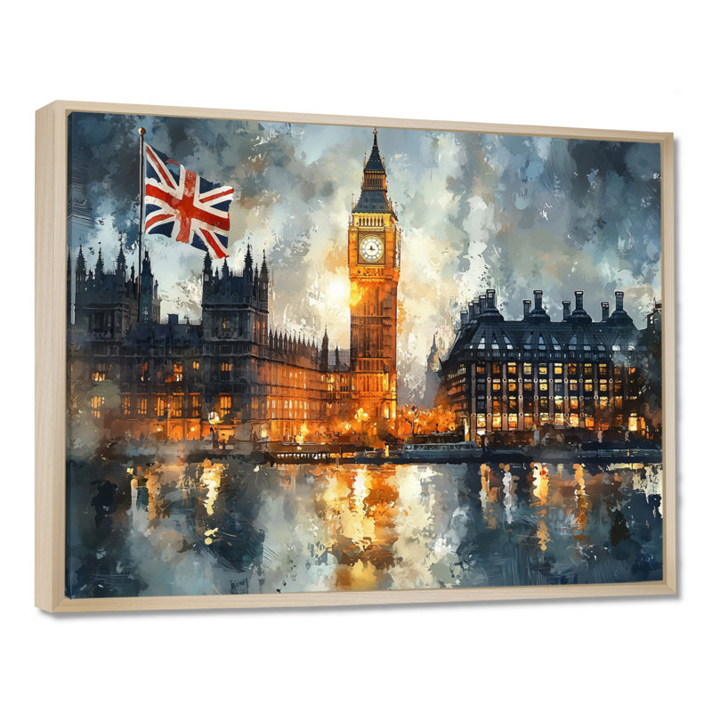 London Big Ben Landscape Glow II - London, art mural, H 30 po x l 40 po, Impression encadrée flottante, Crème, crème