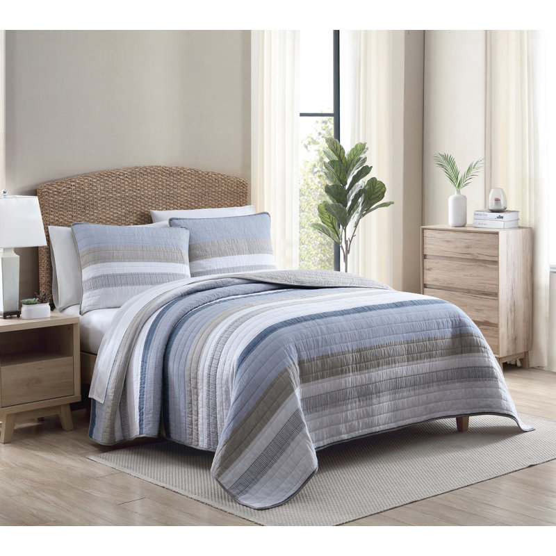 Nautical Blue and Beige Cotton King Quilt Set
