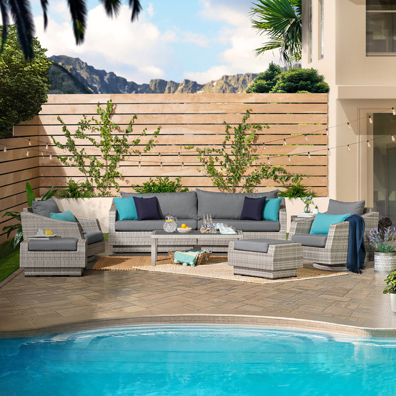 Fionnula Rattan Sofa Seating Group With Sunbrella Cushion Covers, Stone Grey Olefin