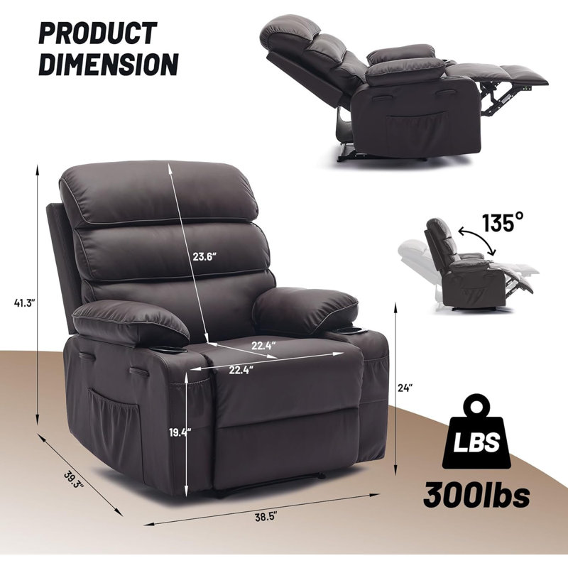 Fauteuil inclinable massant et chauffant en similicuir couleur café, largeur d'assise 132 cm, structure en fer et mousse, canapé inclinable manuel pour salon