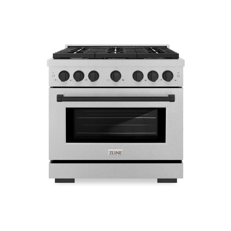 ZLINE Autograph Edition 36 in. 5.2 cu. ft. Paramount Dual Fuel Range with 6 Burner Gas Cooktop and Electric Convection Oven in Satin Stainless Steel with Matte Black Accents (SDRSZ-36-MB)