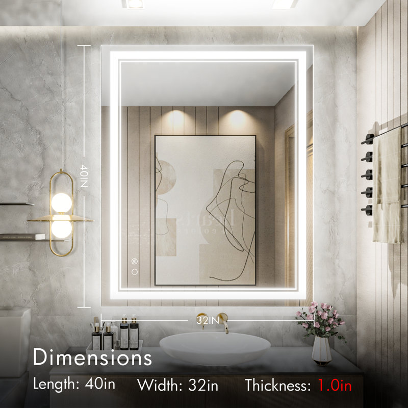 Adorna Frameless LED 3 Color Dimmable Lighting Bathroom Vanity Mirror, Memory Function, Anti-fog, 32" x 40"