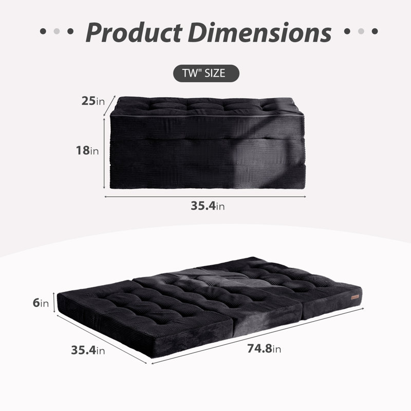 Tri-Fold Velours côtelé 6 po, Lit double, Noir