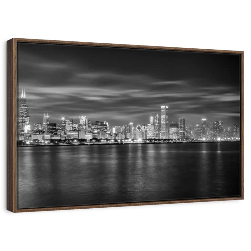 Chicago City - monochrome, 13 po x 9 po, Cadre flottant noyer