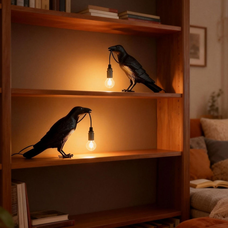 Resin Crow Table Lamp Lights Birds Desk Lamp with Bulb for Bedroom Living Room, Black