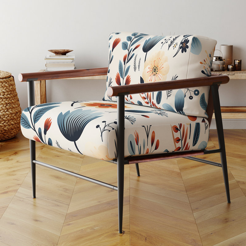 Nordic Blue Bloom Scandinavian Floral - Chaise rembourrée de style campagnard avec accoudoirs rustiques, Noir