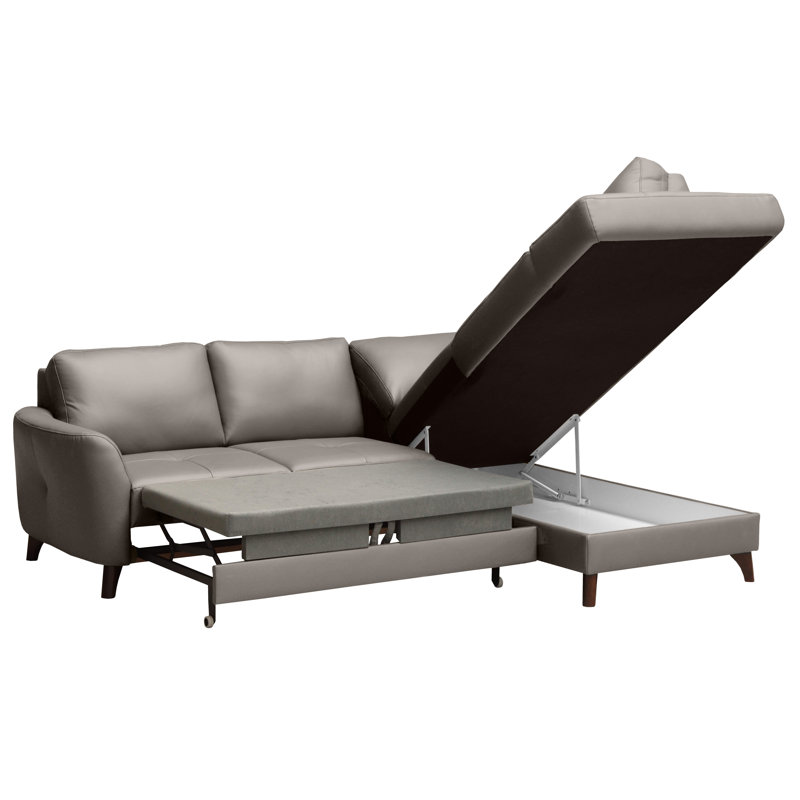 Migues Leather Corner Sofa with Sleeping Function and Storage, Right Hand Facing, Grey
