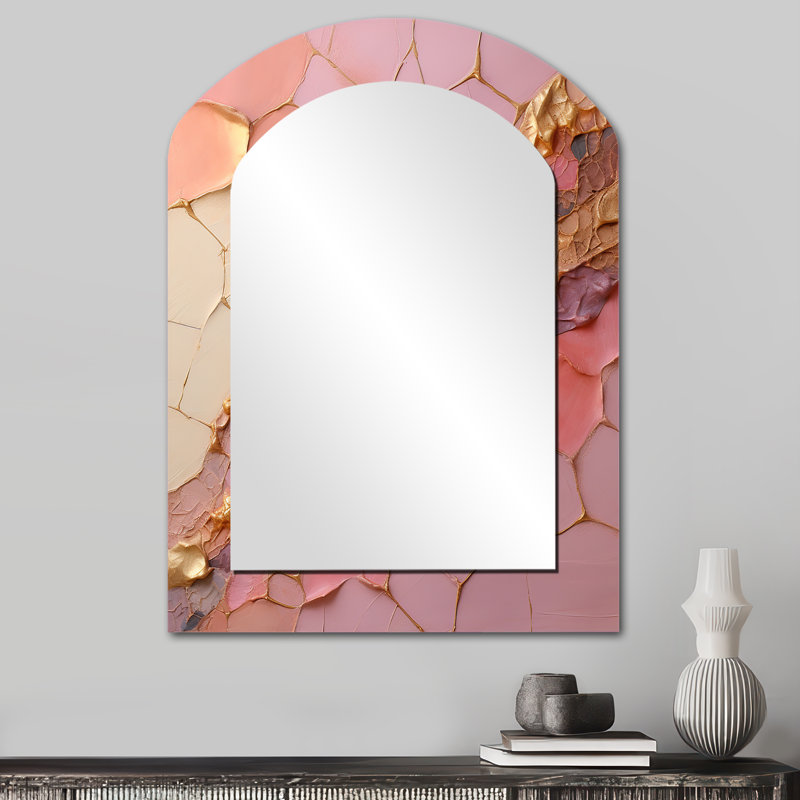 Pink Gold Minimalism Poteries - Abstract Spirals Asymmetrical Large Mirror, Modern Arch Decorative Wall Mirror, Printed Metal Art