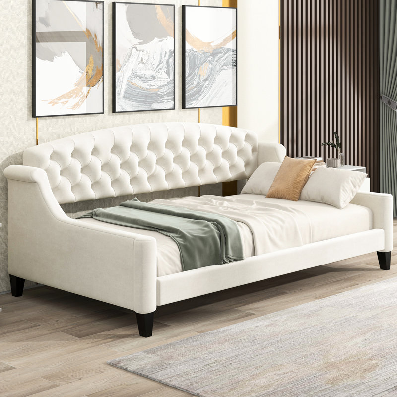 Lit de jour simple beige avec capitonnage à boutons, contreplaqué massif, lit de jour de luxe moderne facile à assembler, lattes, mousse confortable pour le décor de la chambre à coucher
