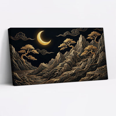 «Black and Gold Mountain Landscape with Pine Trees», art mural sur toile