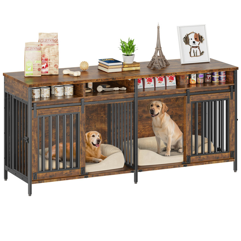 78.74''W Double Dog Crate Furniture with Removable Divider and 4 Doors, Wooden Dog Kennel TV Stand with 4 Compartments
