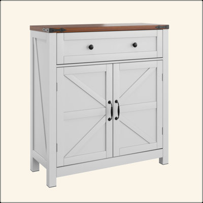 Farmhouse Storage Cabinet With Drawer And Adjustable Shelf, White Kitchen Cabinet With Walnut Countertop, Modern Coffee Bar Console Cabinet For Kitch
