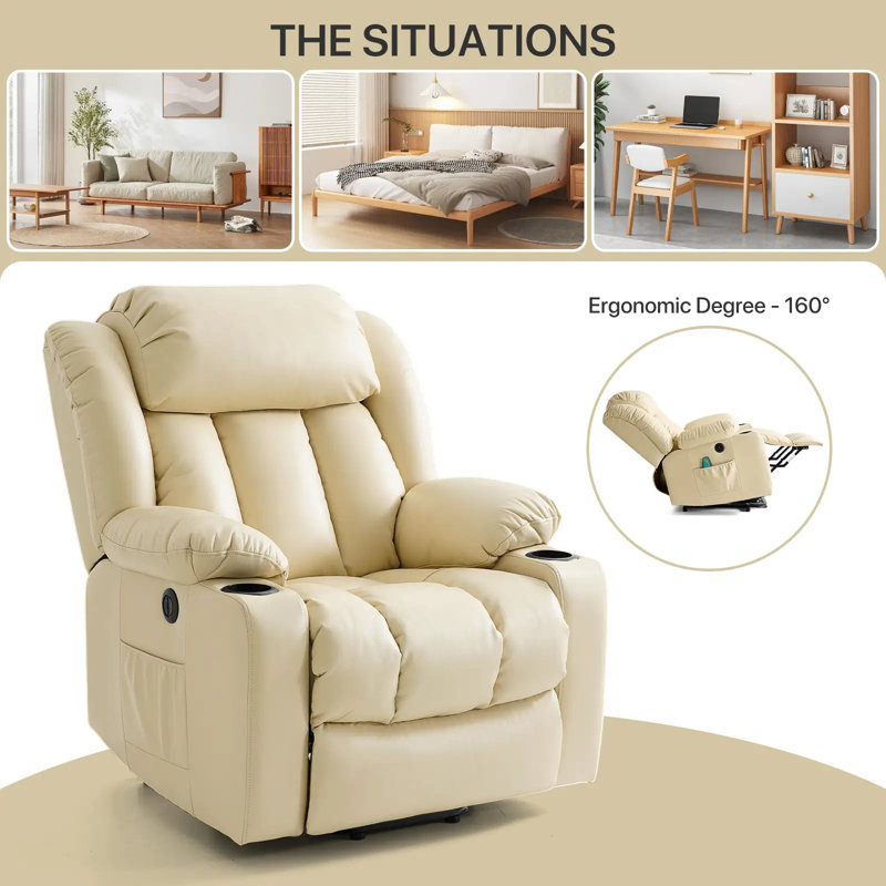 Power Lift Recliner Chair for Elderly With Vibration Massage Heat And Cup Holders, 2 Side Pockets, Beige Faux Leather