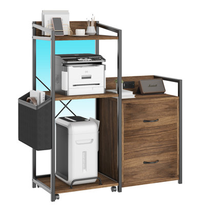 38" Printer Stand with LED Lights & Charging Station, Large 4-Tier Printer Table with Storage Shelf & Drawers, Industrial Office Desk Organizer for F by 17 Stories