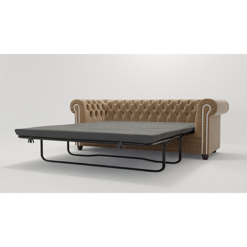 Chesterfield Hanna Sofa Set with Sleeping Function 3+2+1 Made of Velvet Fabric with Solid Wood Legs, Beige