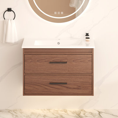 Meuble-lavabo mural 30 po, 2 tiroirs, armoire et lavabo en céramique à fixation murale brun rougeâtre pour une esthétique durable