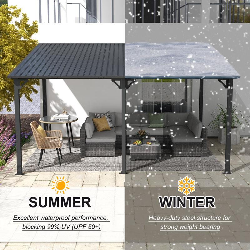 Galvanized Steel Patio Pergola Wall-Mounted With Sloping Roof, 98.1" H x 161.4" W x 110.2" D