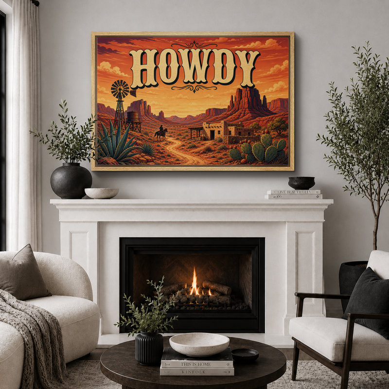 «Howdy Western Desert», œuvre d'art, impression sur toile encadrée, Cadre naturel, H 24 po x l 36 po x P 1,5 po