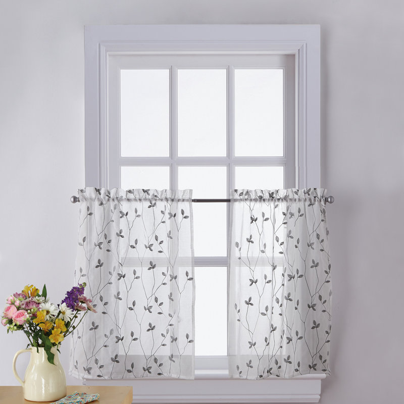Gray Botanical Embroidery Light-Filtering Polyester Window Tier Curtains