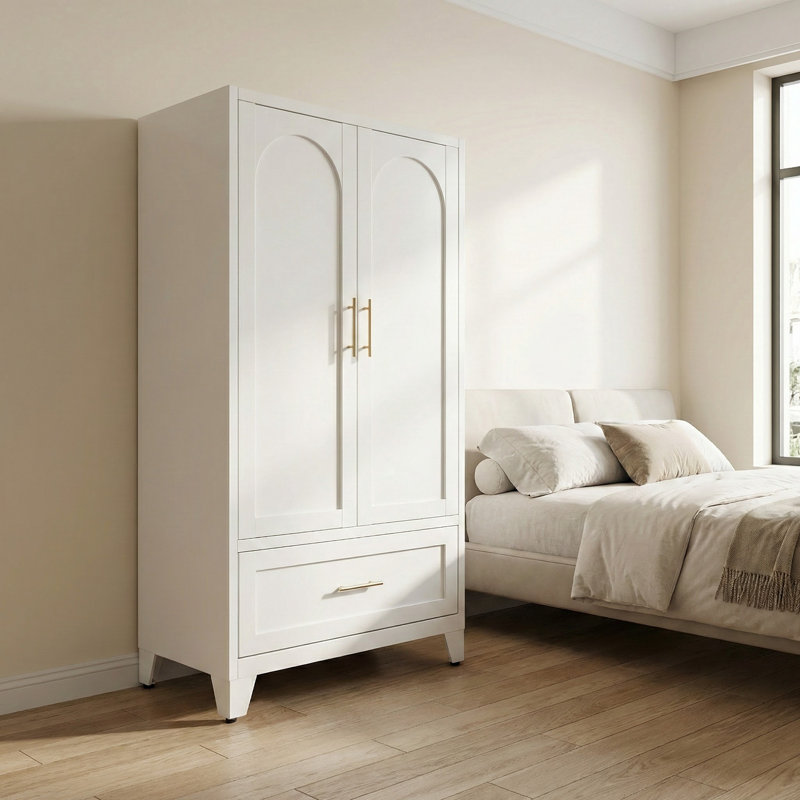 60" Tall White Metal Wardrobe Cabinet With Drawer & Hanging Rod – 2-Door Closet For Bedroom, Office & Laundry Room