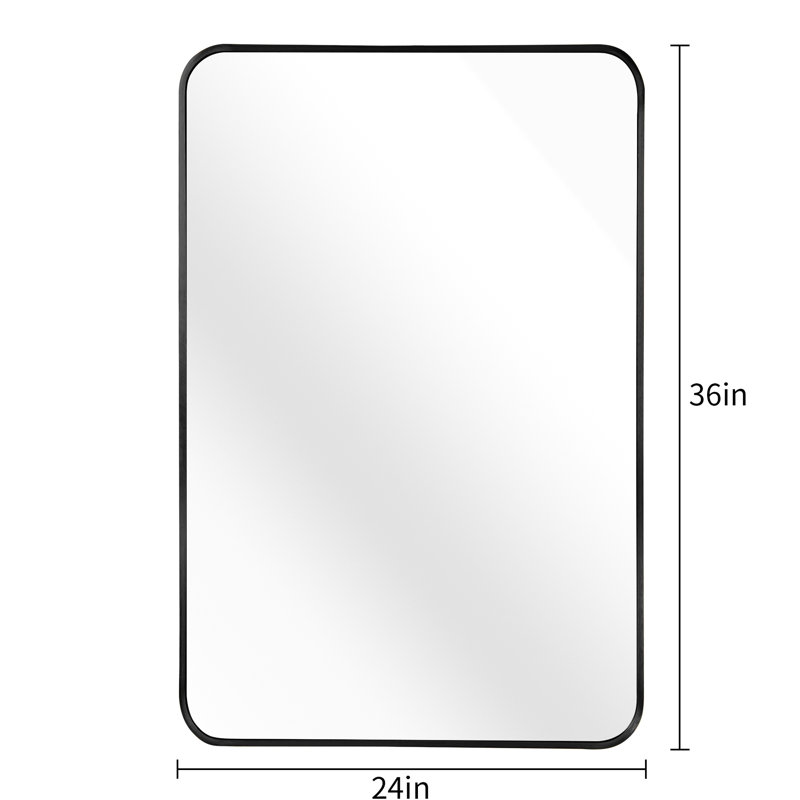 Rectangle 24 po x 36 po, miroir encadré en aluminium noir, mur de salle de bain, verre HD 4 mm non déformé, incassable, cadre d'installation sans effort, aluminium rouille transparent, incassable