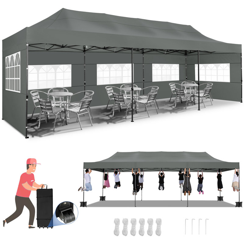 30 Ft x 10 Ft Real Heavy Duty Steel Pop-Up Canopy with 8 Sidewalls, Gray