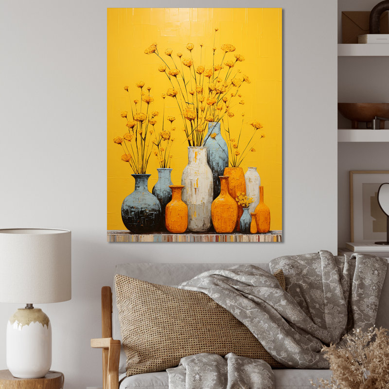 Minimalisme, poteries jaunes sur toile, H 32 po x l 16 po x P 1 po, Toile tendue