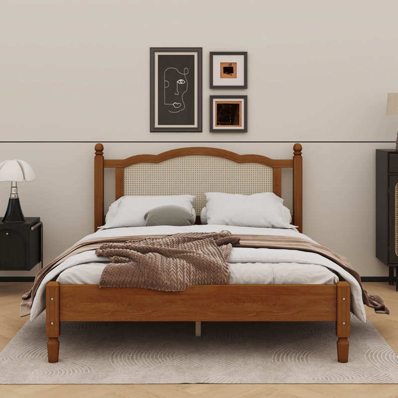Lit plateforme classique orné d'une tête de lit en rotin naturel, Lit double, Noyer