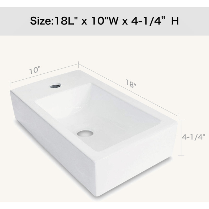 Lavabo de salle de bain mural rectangulaire en céramique 18X10 pouces blanc avec trou de robinet simple