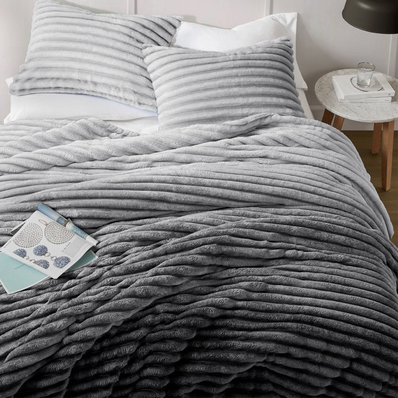 Avril Fluffy Ribbed Plush Comforter Set, Gray Ombre, King Comforter + 2 King Shams