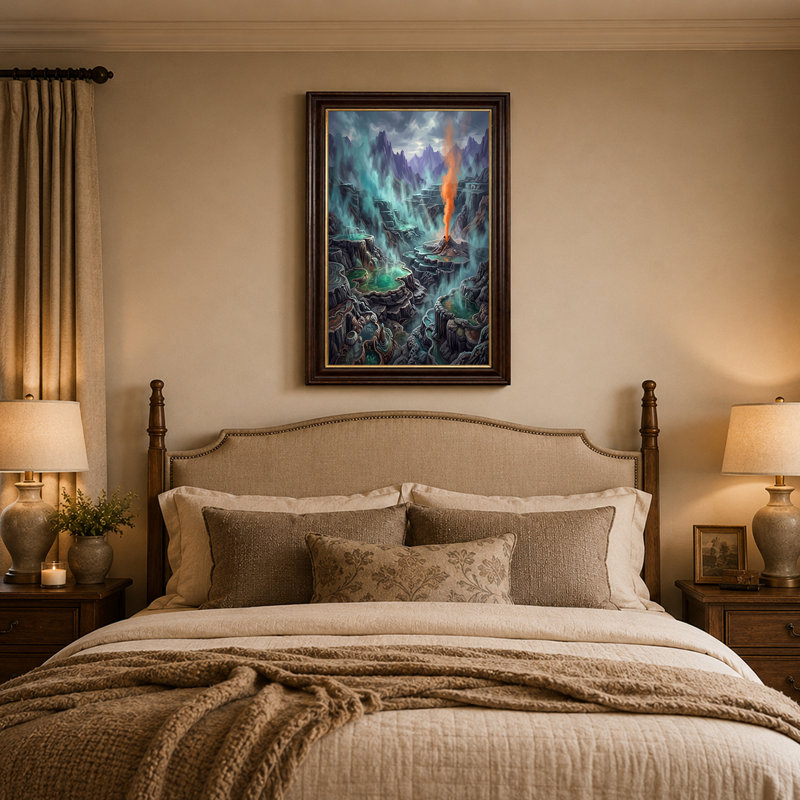 Art mural sur toile, montagnes avec piscines sarcelle en terrasses et fumée orange, 12"H x 18"W