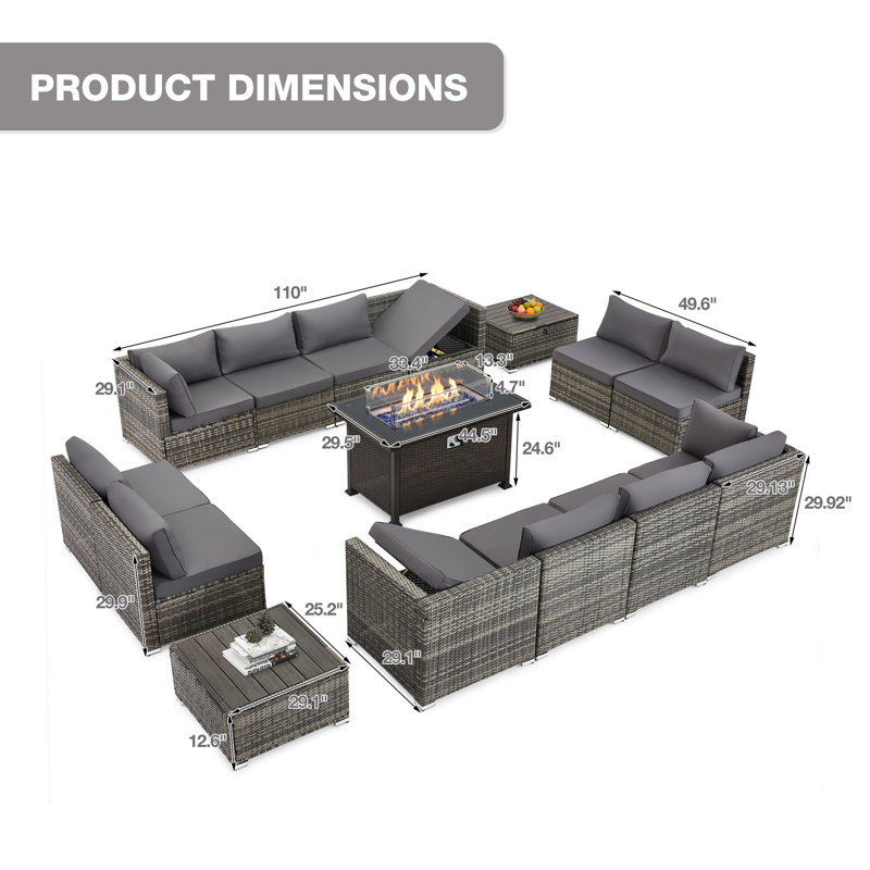 Ensemble de conversation modulaire en rotin 13 pièces avec coussins, Gris