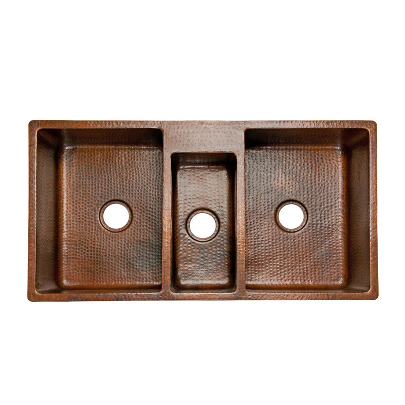 42" Hammered Copper Triple Basin Kitchen Sink, Does Not Apply