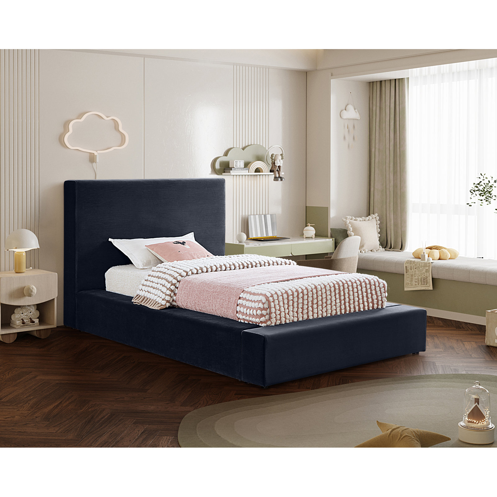 Ishia Upholstered Platform Bed, Twin, Navy Velvet