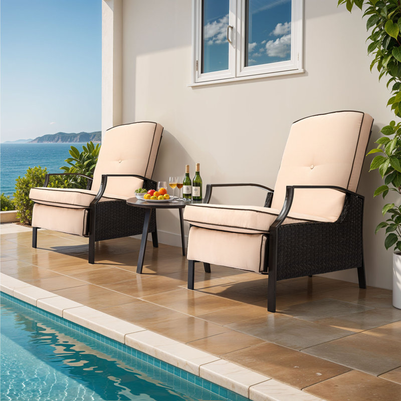 Chaises longues inclinables et réglables en osier 2 pièces pour coussins de patio, Beige