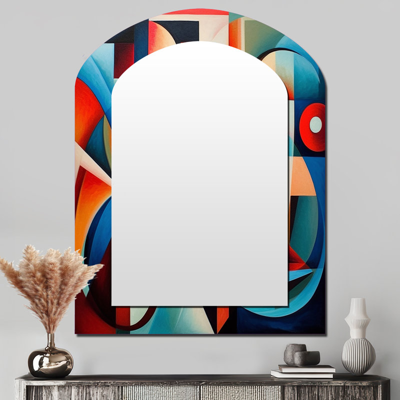 Orange Blue Geometry Unleashed III - Abstract Shapes Unique Shape Unique Mirror, Orange Freeform Large Wall Mirror, Printed Metal Art