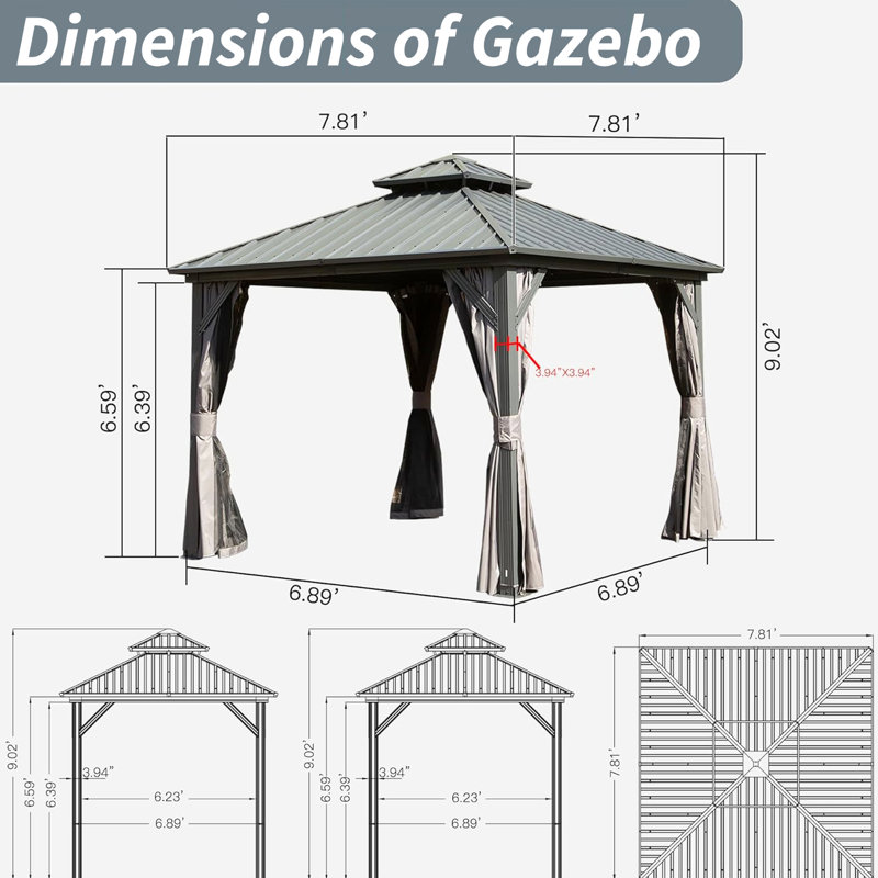 8' X Gazebo, Provides Comfortable Space - Gray, Patio, Backyard, Deck, Lawn Aluminum Metal Gazebo With Double Roof, Fits Outdoor Decor Grey