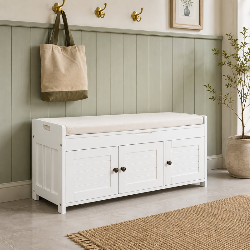 Linen Blend Upholstered Storage Bench, White