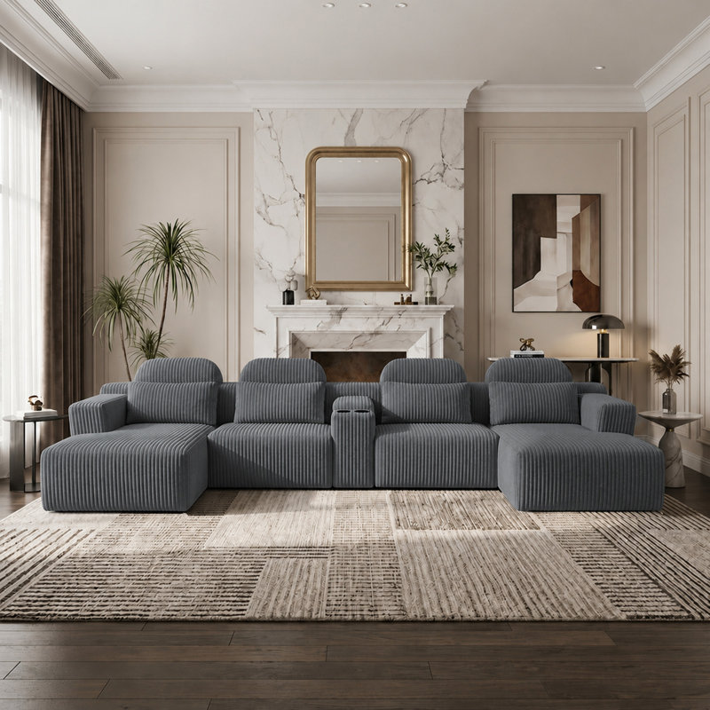 Canapé moderne en forme de U en velours côtelé gris foncé à 6 places avec méridienne et porte-gobelet - Canapé modulaire surdimensionné à compression de 145,7 pouces