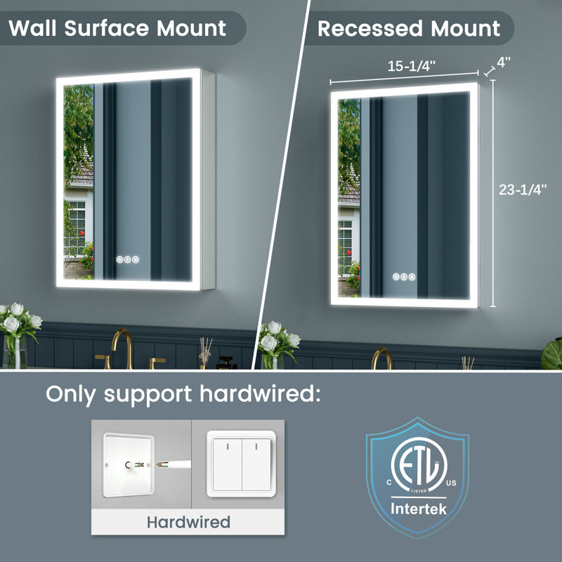 Recessed or Surface LED Mirror Medicine Cabinet, Defogger, Touch Sensor, 3 Colors, Dimmer, Outlets and USBs (Right Hinge)