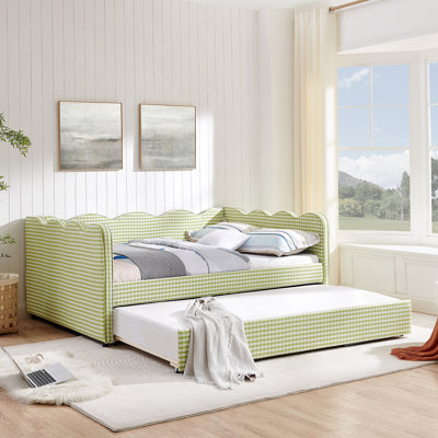 Lit de jour double en vichy double avec couchette simple sans sommier, avec port USB et adorable tissu en forme de vague