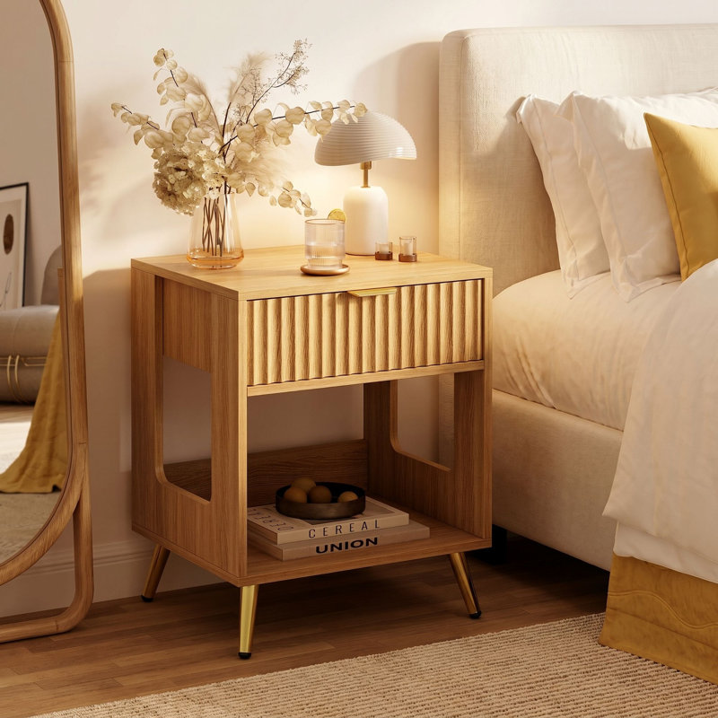 Single-drawer Nightstand with Grooved Finish and Open Storage, Natural Wood