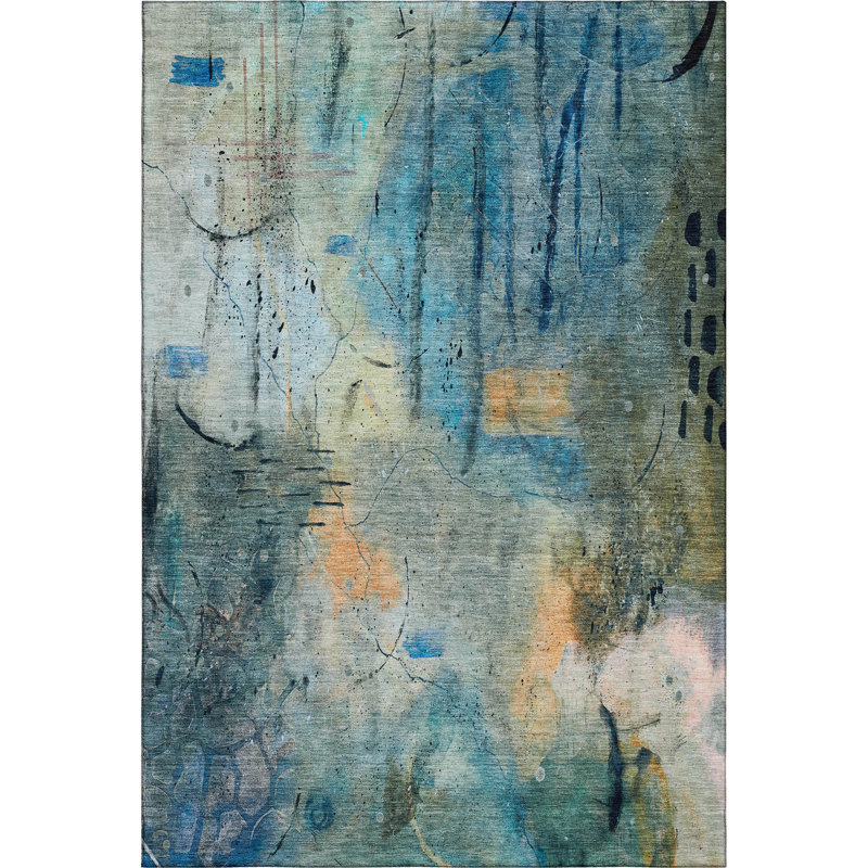 Premium Machine Washable Mayfield AMF2032 Abstract Rug, Teal, 5' x 7'6"